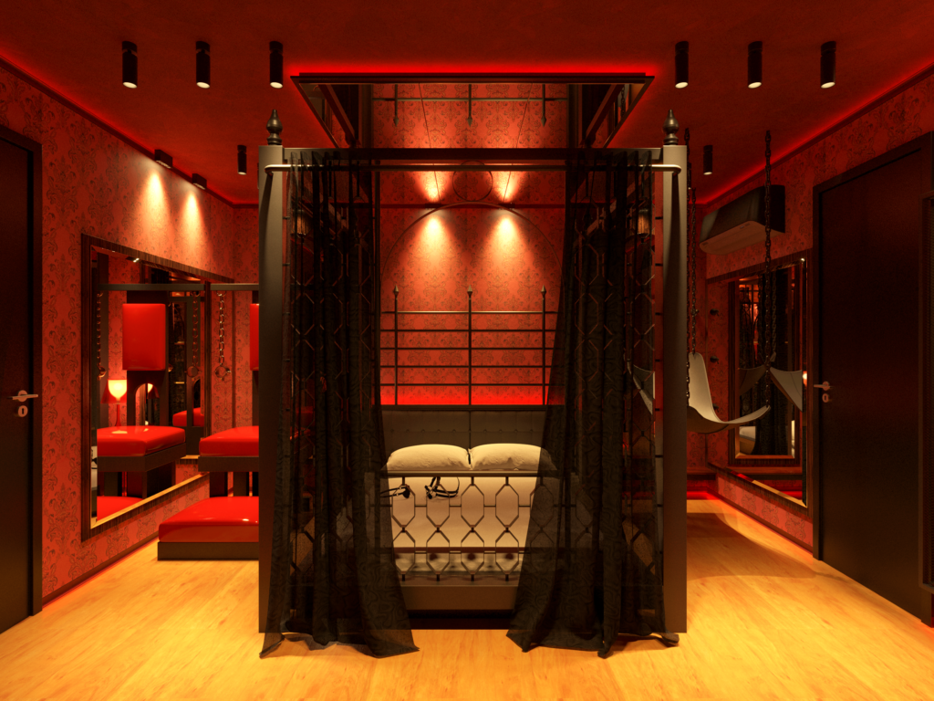 Projeto de masmorra BDSM do Studio Inquieto em São Paulo, com cama de dossel em ferro, cortinas pretas, espelhos e luz vermelha