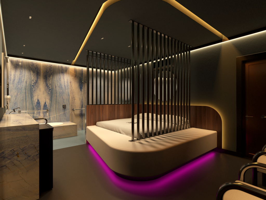 Suíte 341 do Hotel Chilli, em São Paulo, projeto do Studio Inquieto, com cama sobre base curva iluminada em magenta, divisória de barras verticais, banheira e bancada em pedra