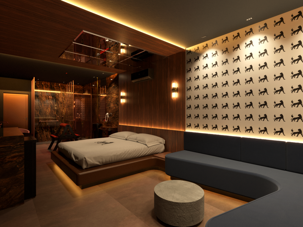 Suíte 342 do Hotel Chilli, em São Paulo, projeto do Studio Inquieto, com cama de casal, sofá curvo, parede com estampa de felinos, painéis de madeira e espelho no teto