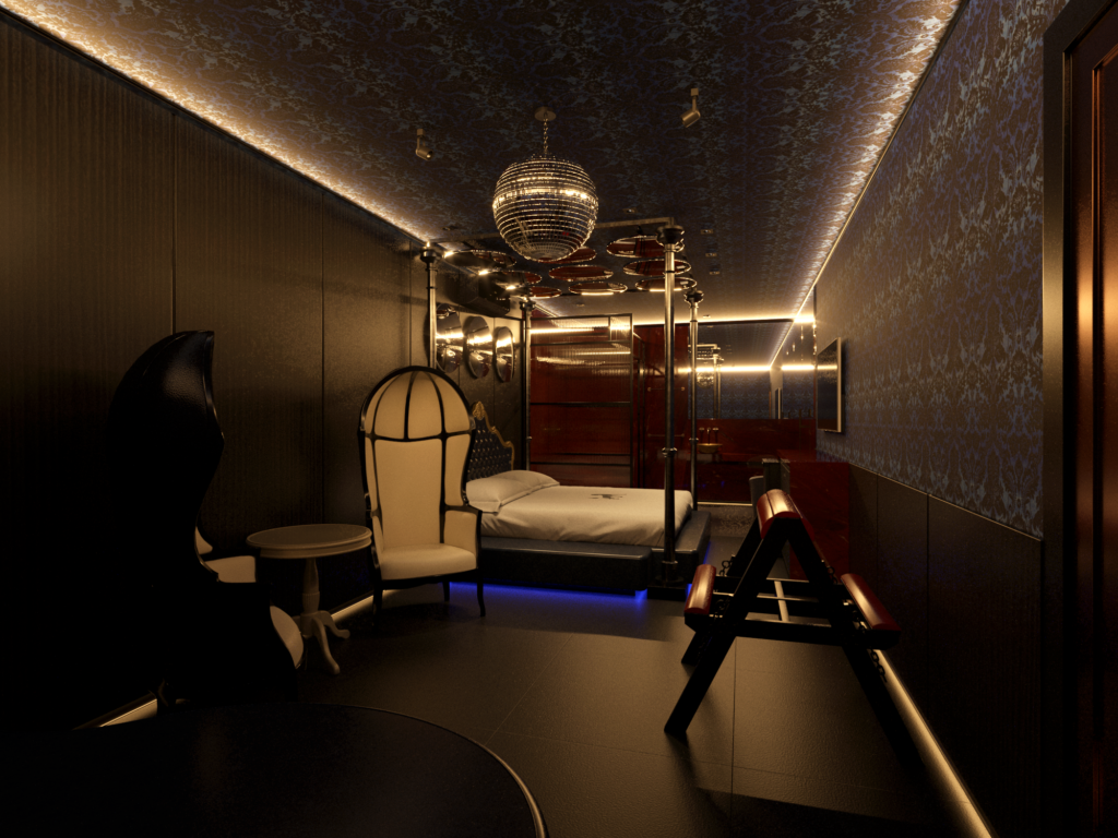 Suíte 343 do Hotel Chilli, em São Paulo, projeto do Studio Inquieto, com cama de dossel em metal, poltrona de espaldar alto, globo espelhado no teto e papel de parede escuro