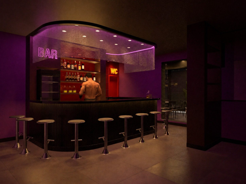 Estudo do Soho Bar para a ampliação do Clube Soho em Brasília: balcão curvo com banquetas metálicas, cortina de correntes iluminada em roxo e letreiros neon BAR e WC