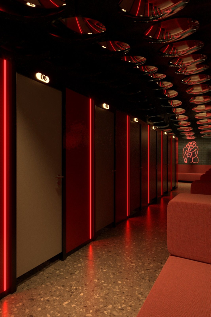 Estudo do Vlpts Cruising Bar em Goiânia: corredor de cabines numeradas com frisos de luz vermelha, piso de granilite, banco estofado e teto de discos espelhados